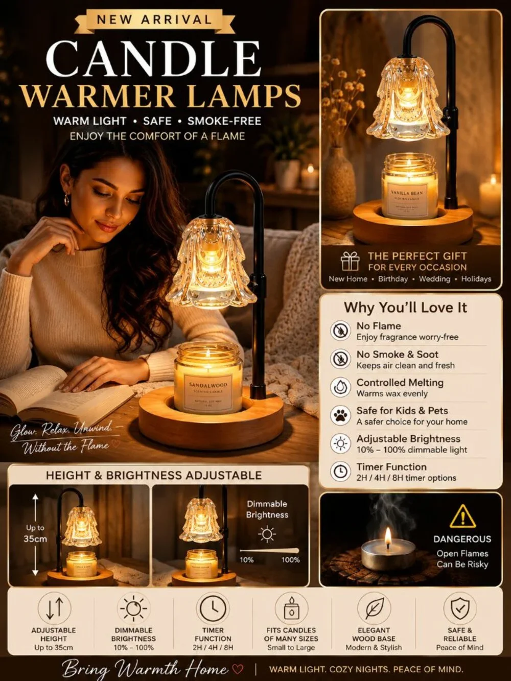 Adjustable Candle Warmer Lamp with Dimmer | Polished Wood Base Tabletop Wax Warm
